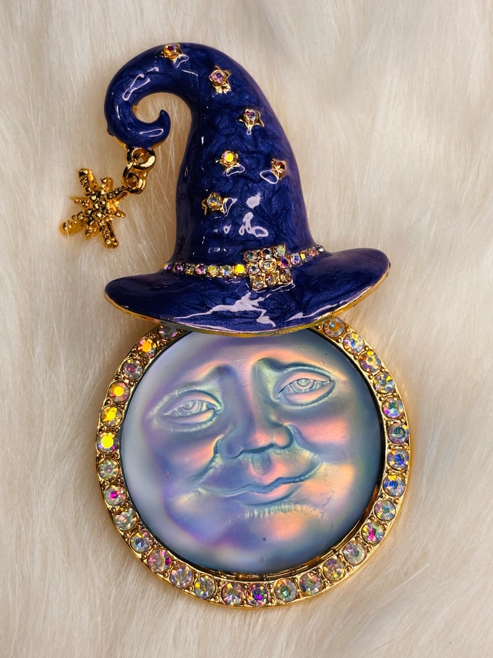 Celestial Moon Face Witch Hat Rhinestone Statement Brooch